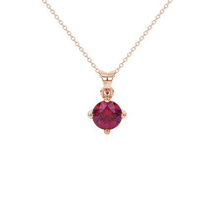 Round-cut raspberry red gemstone pendant in a rose gold classic basket setting.