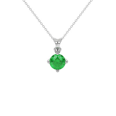 Round-cut emerald green gemstone pendant in a white gold classic basket setting