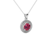 Round-cut raspberry red gemstone pendant in a white gold falling edge halo diamond setting.