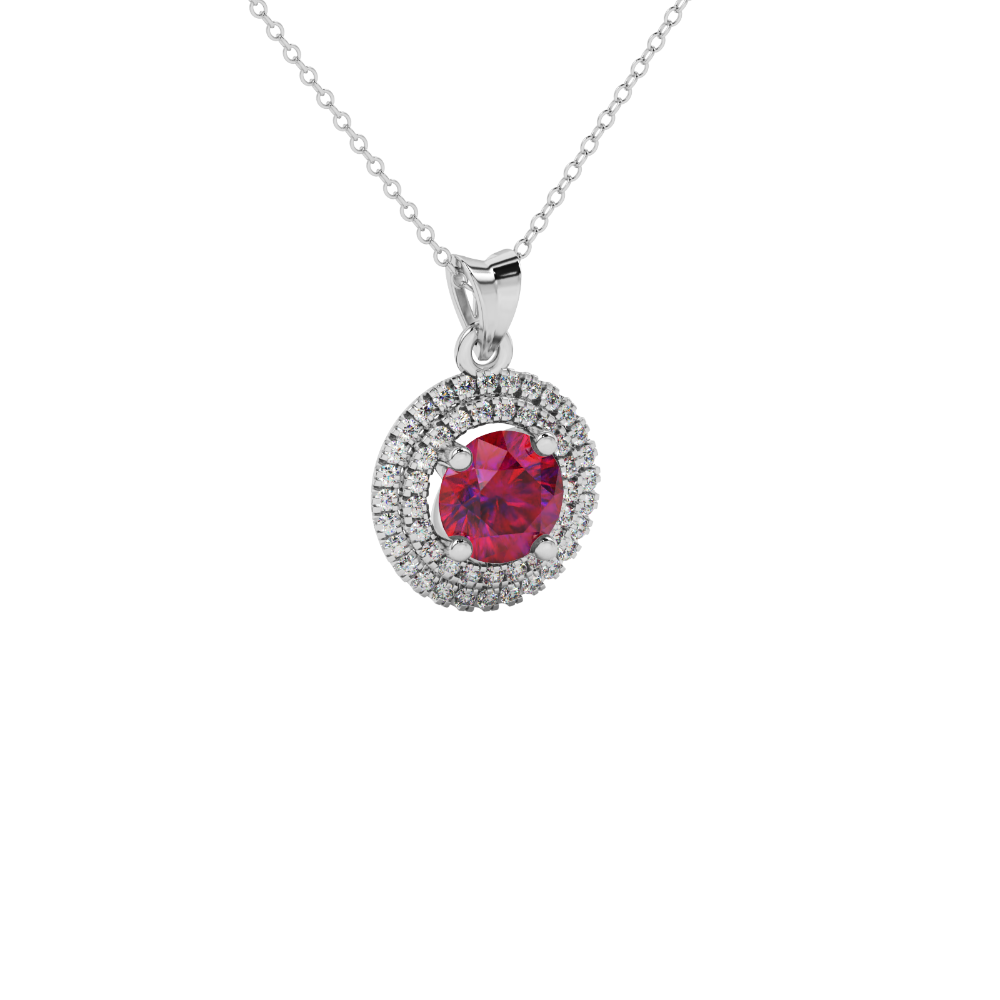 Round-cut raspberry red gemstone pendant in a white gold falling edge halo diamond setting.