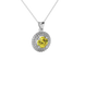 Round-cut canary yellow gemstone pendant in a white gold falling edge halo diamond setting.