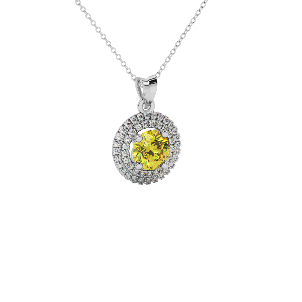 Round-cut canary yellow gemstone pendant in a white gold falling edge halo diamond setting.