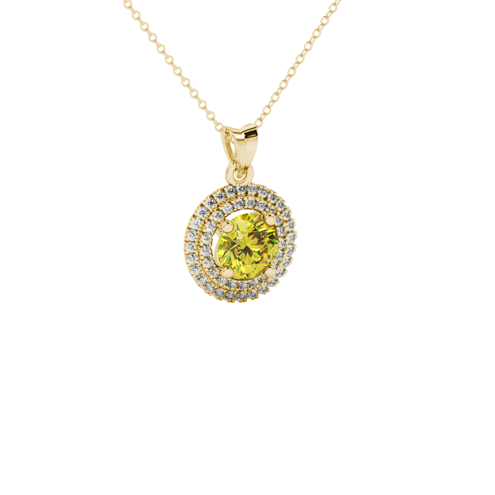 Round-cut canary yellow gemstone pendant in a yellow gold falling edge halo diamond setting.