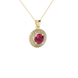 Round-cut raspberry red gemstone pendant in a yellow gold falling edge halo diamond setting