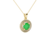 Round-cut emerald green gemstone pendant in a yellow gold falling edge halo diamond setting