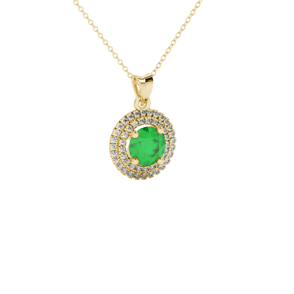 Round-cut emerald green gemstone pendant in a yellow gold falling edge halo diamond setting