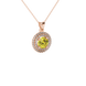 Round-cut canary yellow gemstone pendant in a rose gold falling edge halo diamond setting.