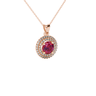 raspberry red gemstone double halo pendant in rose gold