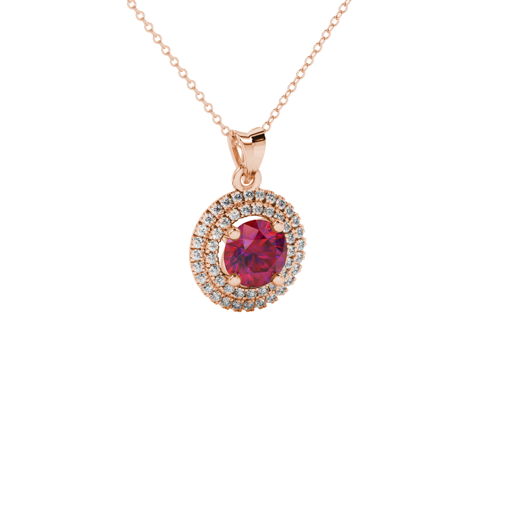 Round-cut raspberry red gemstone pendant in a rose gold falling edge halo diamond setting