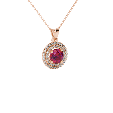 raspberry red gemstone double halo pendant in rose gold