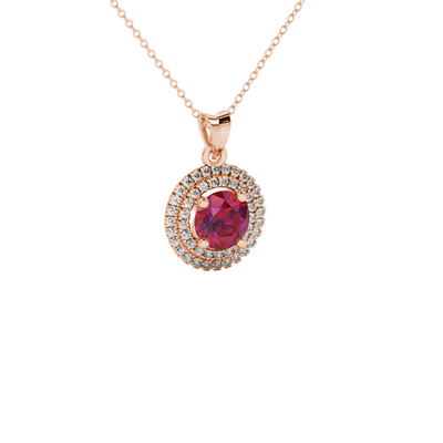 raspberry red gemstone double halo pendant in rose gold