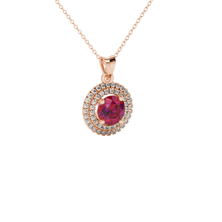 Round-cut raspberry red gemstone pendant in a rose gold falling edge halo diamond setting