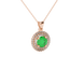 Round-cut emerald green gemstone pendant in a rose gold falling edge halo diamond setting.