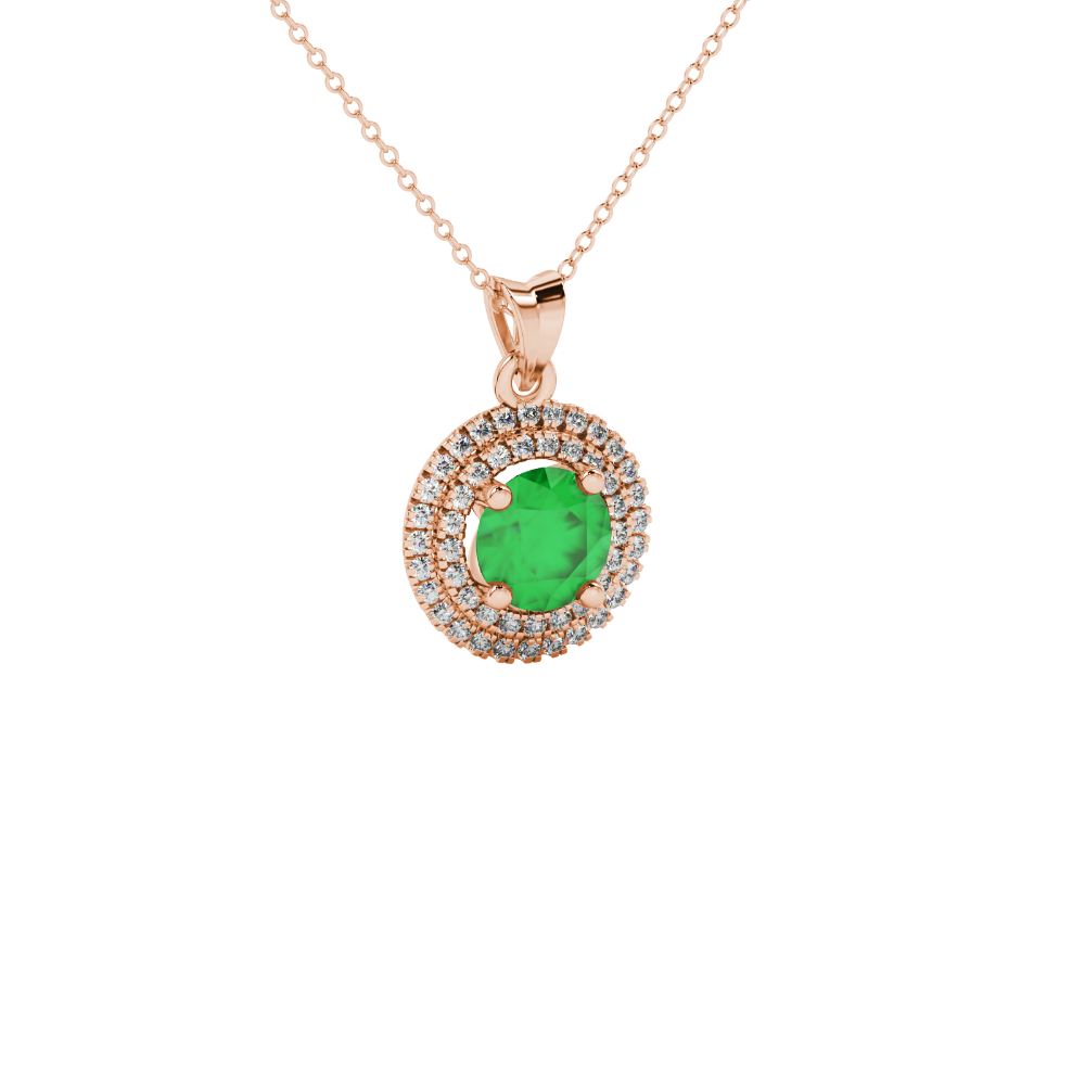 Round-cut emerald green gemstone pendant in a rose gold falling edge halo diamond setting.