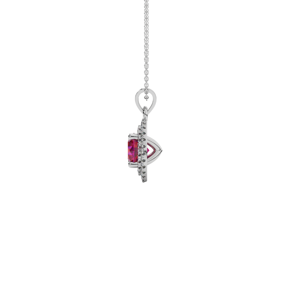 Side angle of a white gold raspberry red gemstone pendant highlighting the falling edge halo details.