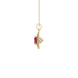 Side view of a yellow gold raspberry red gemstone pendant with a detailed falling edge halo.