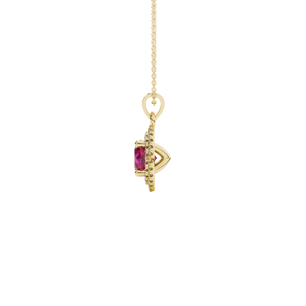 Side view of a yellow gold raspberry red gemstone pendant with a detailed falling edge halo.
