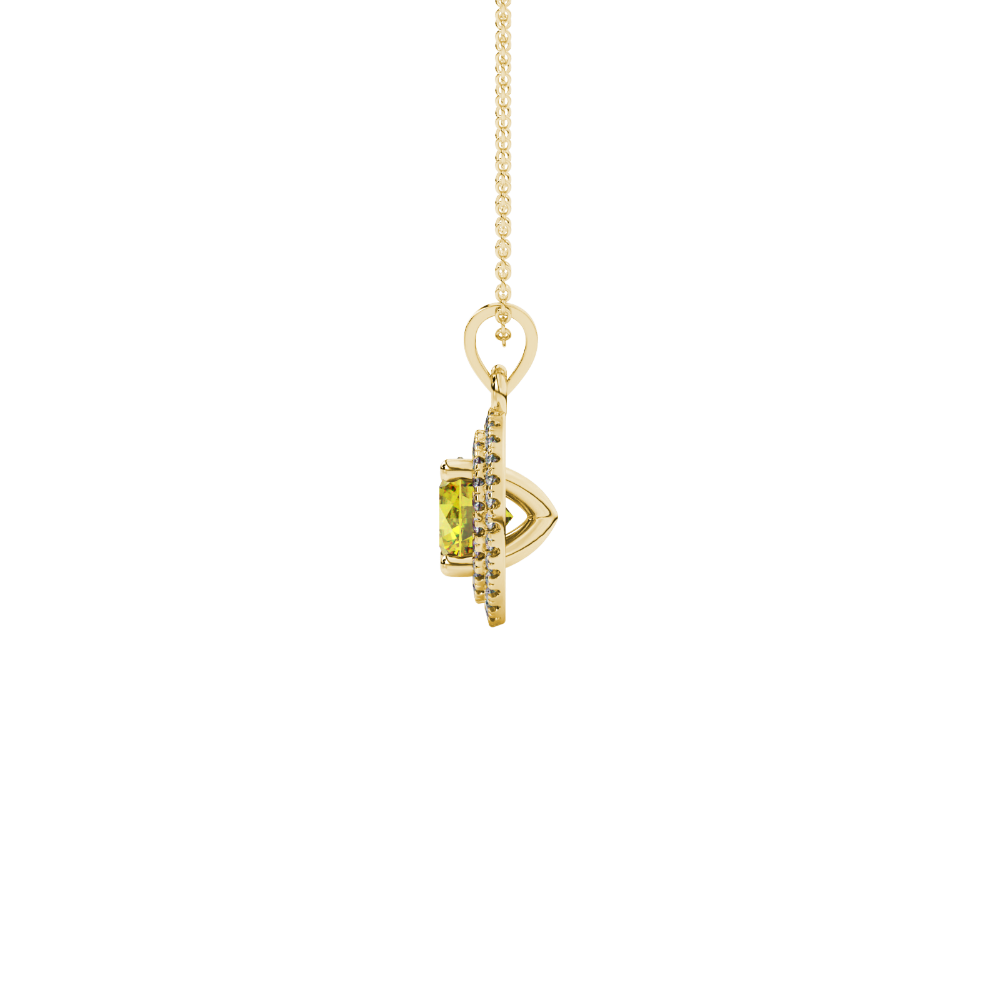 Side angle of a yellow gold canary yellow gemstone pendant displaying the falling edge halo.