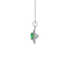 Side view of a white gold emerald green gemstone pendant featuring a brilliant falling edge halo.