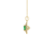 Side profile of a yellow gold emerald green gemstone pendant with a falling edge halo design.