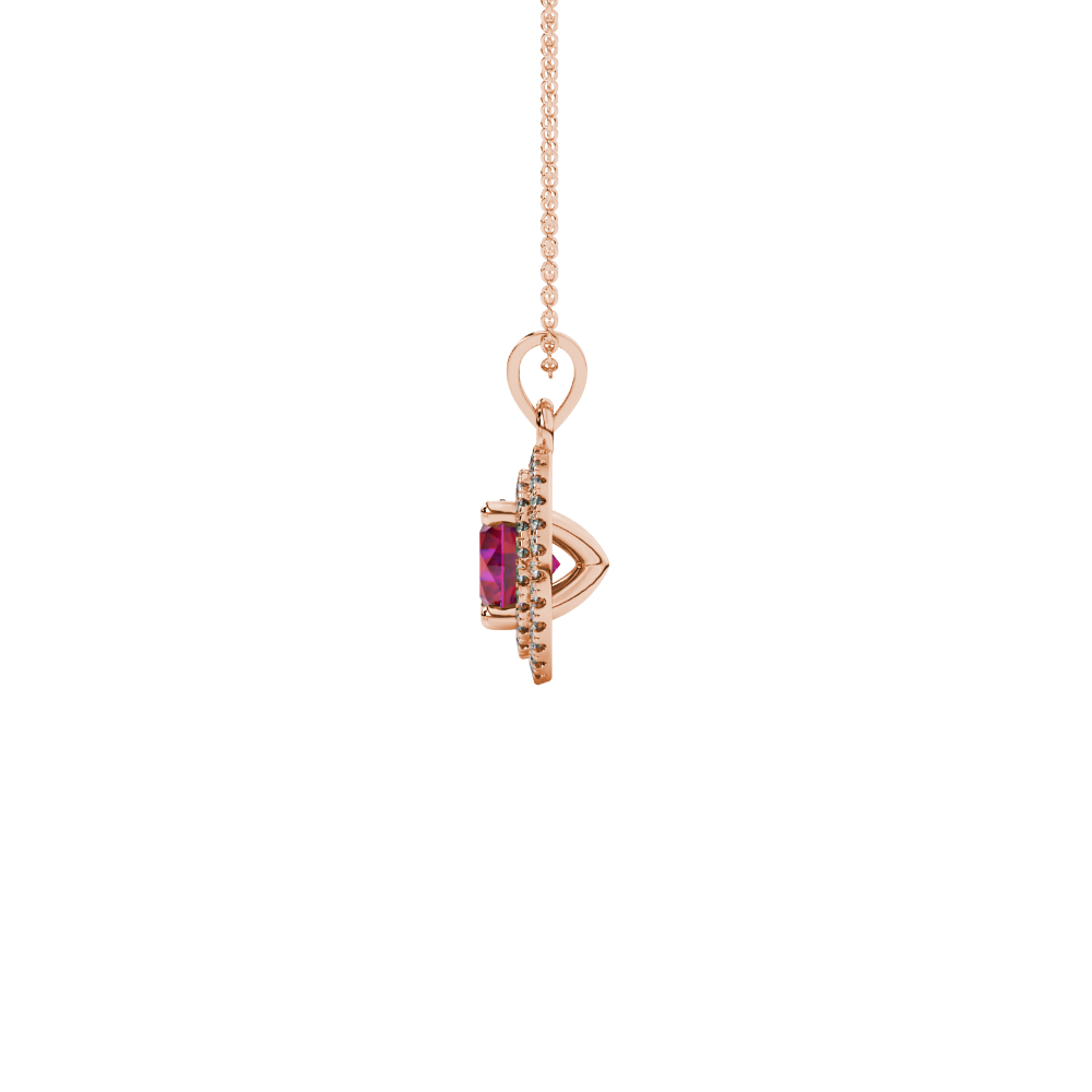 Side profile of a rose gold raspberry red gemstone pendant showcasing the falling edge halo design.