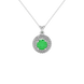 close-up of a round emerald green gemstone enclosed in a white gold diamond falling edge halo pendant setting