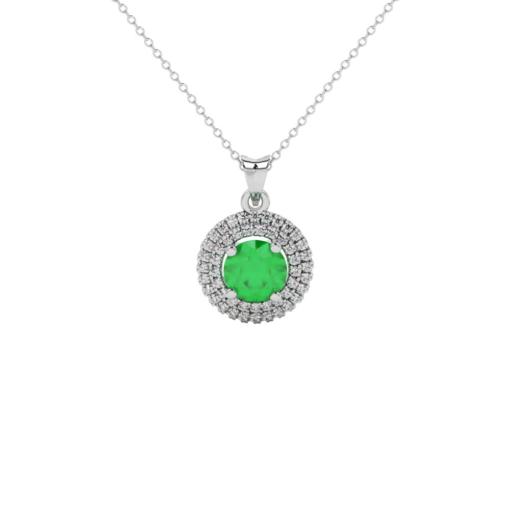 close-up of a round emerald green gemstone enclosed in a white gold diamond falling edge halo pendant setting