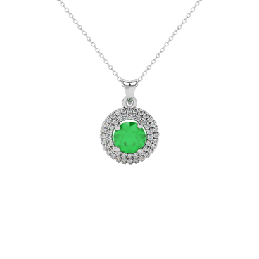 emerald green gemstone double halo pendant in white gold