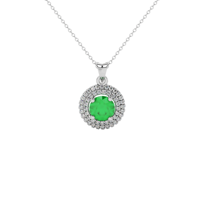 emerald green gemstone double halo pendant in white gold