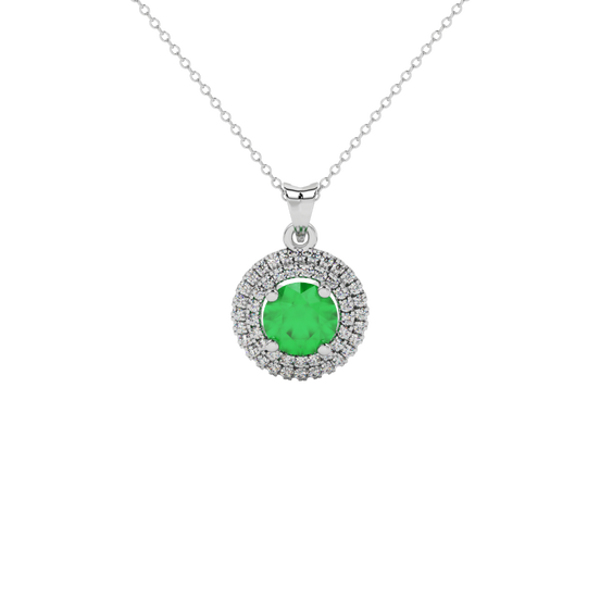 emerald green gemstone double halo pendant in white gold