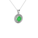 Round-cut emerald green gemstone pendant in a white gold falling edge halo diamond setting.