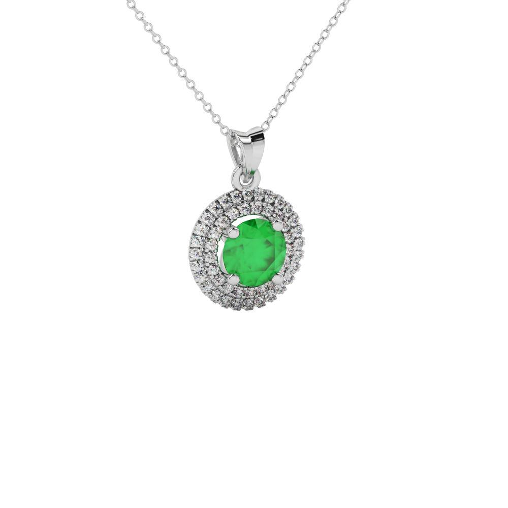 Round-cut emerald green gemstone pendant in a white gold falling edge halo diamond setting.