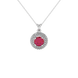 Close-up details of a round raspberry red gemstone secured in a white gold diamond falling edge halo pendant