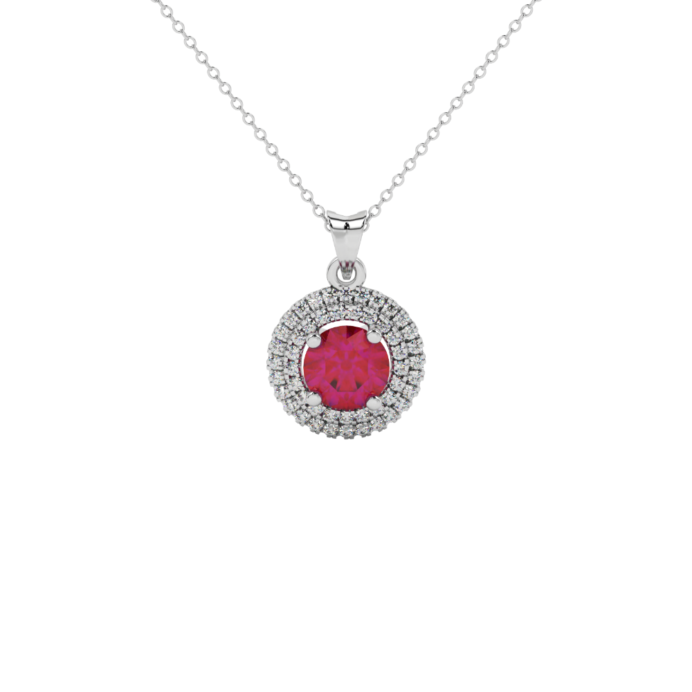 Close-up details of a round raspberry red gemstone secured in a white gold diamond falling edge halo pendant