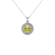 Close-up shot of a round-cut canary yellow gemstone in a white gold diamond falling edge halo pendant setting
