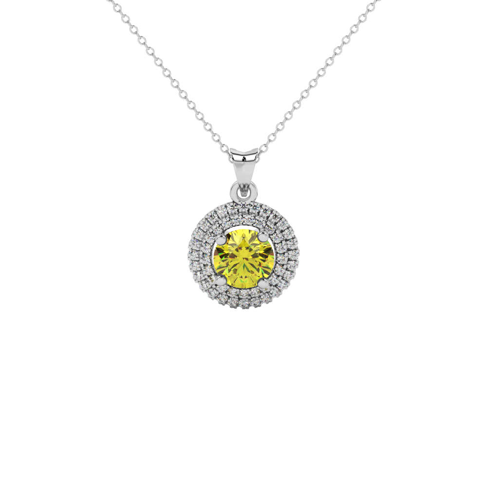 Close-up shot of a round-cut canary yellow gemstone in a white gold diamond falling edge halo pendant setting