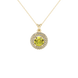 close-up of a round canary yellow gemstone secured in a yellow gold diamond falling edge halo pendant.
