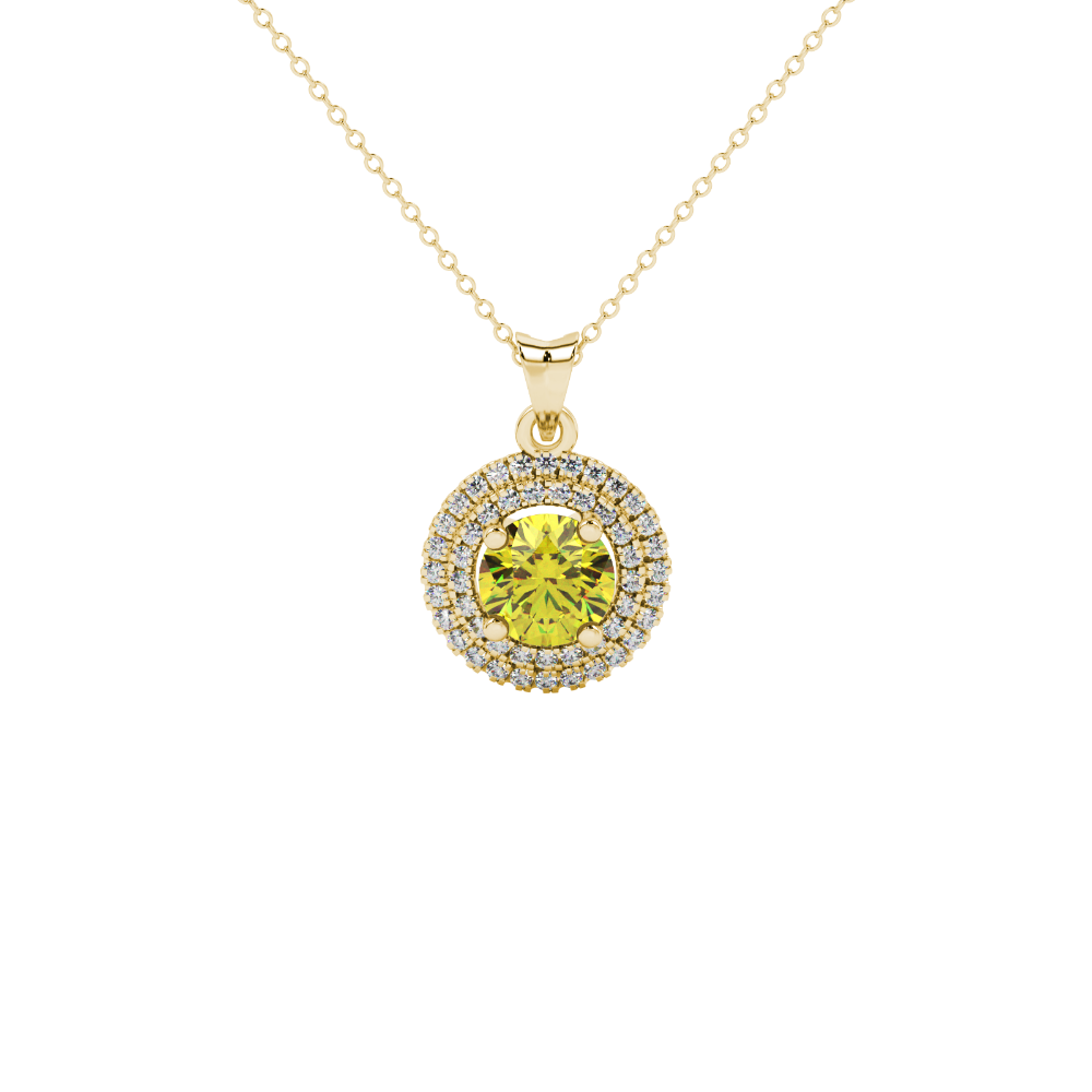 close-up of a round canary yellow gemstone secured in a yellow gold diamond falling edge halo pendant.