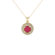 close-up of a round-cut raspberry red gemstone surrounded by a yellow gold diamond falling edge halo pendant