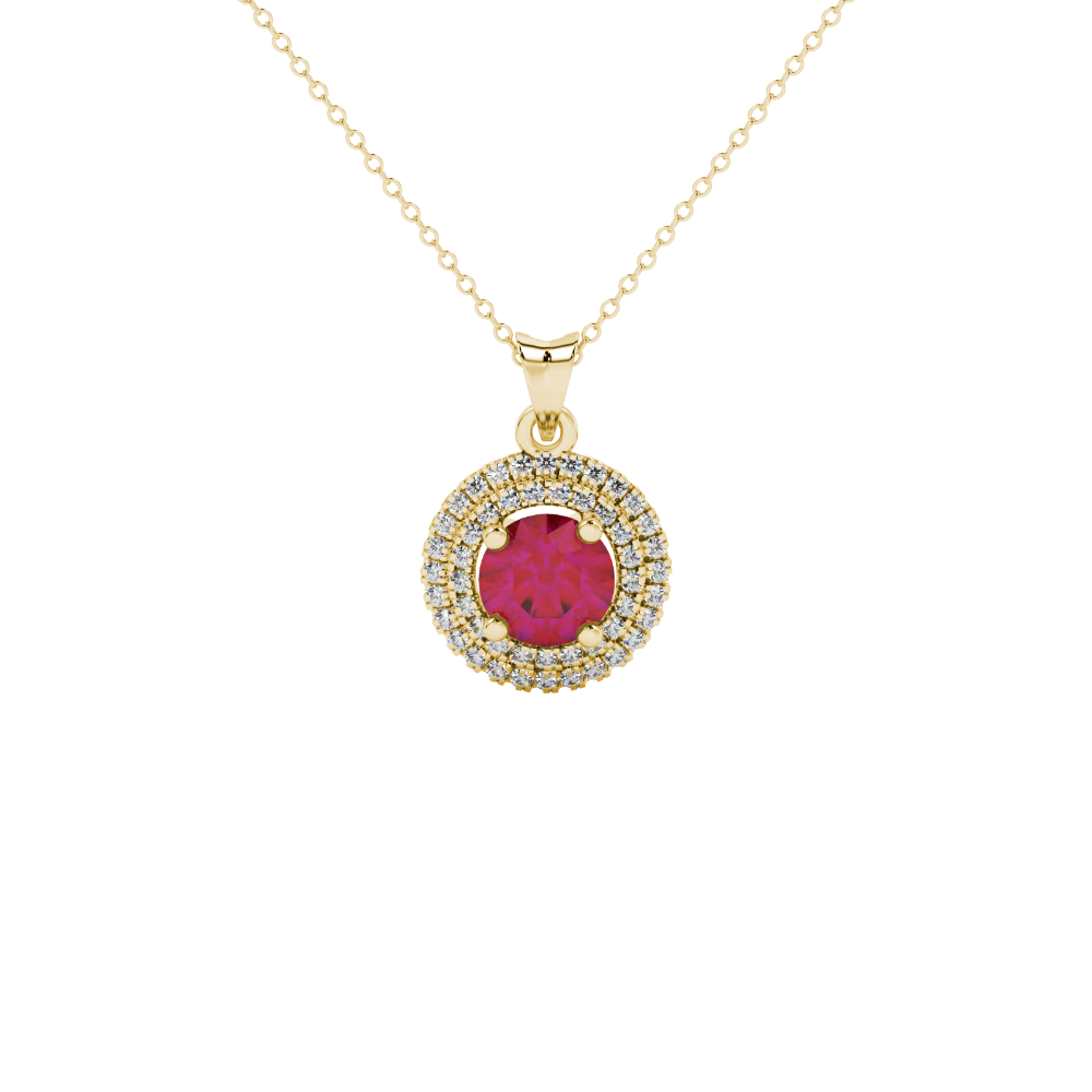 close-up of a round-cut raspberry red gemstone surrounded by a yellow gold diamond falling edge halo pendant