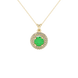 Close-up details of a round-cut emerald green gemstone in a yellow gold diamond falling edge halo pendant.