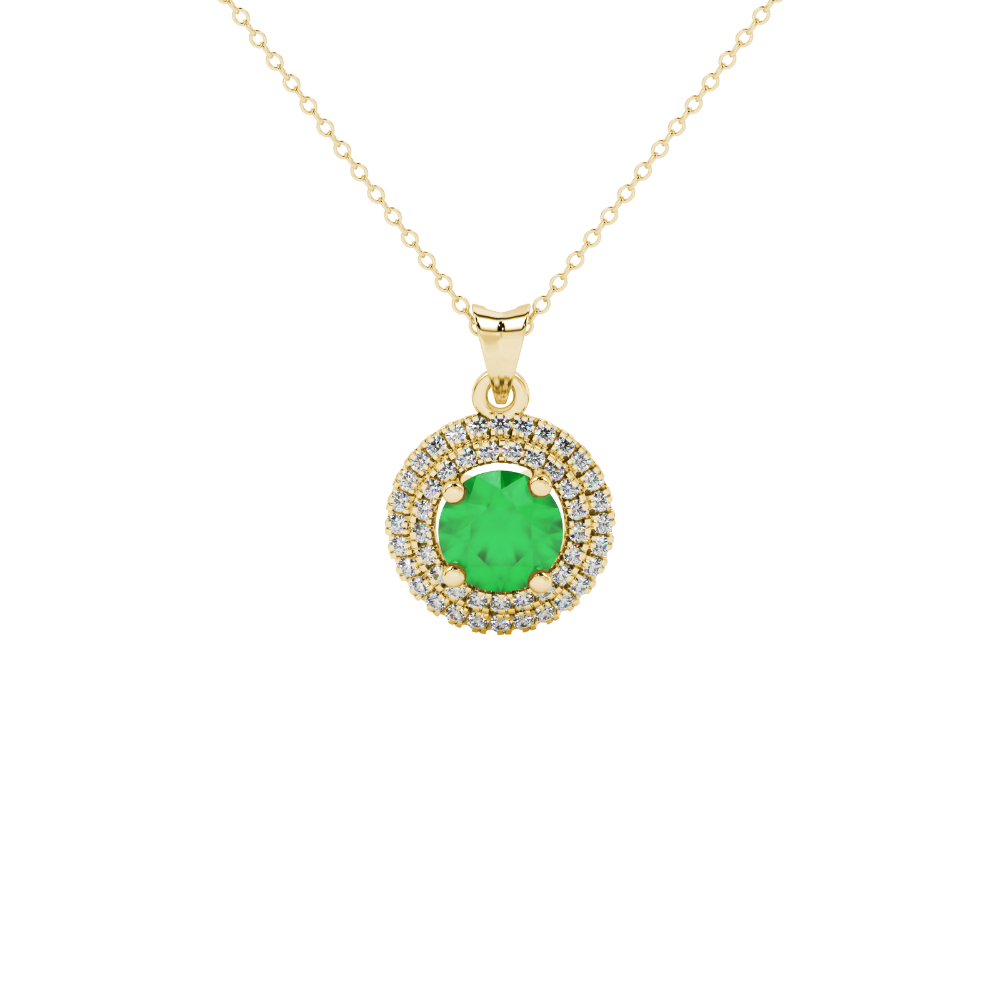 Close-up details of a round-cut emerald green gemstone in a yellow gold diamond falling edge halo pendant.