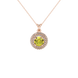 close-up of a round canary yellow gemstone pendant with an intricate rose gold diamond falling edge halo.