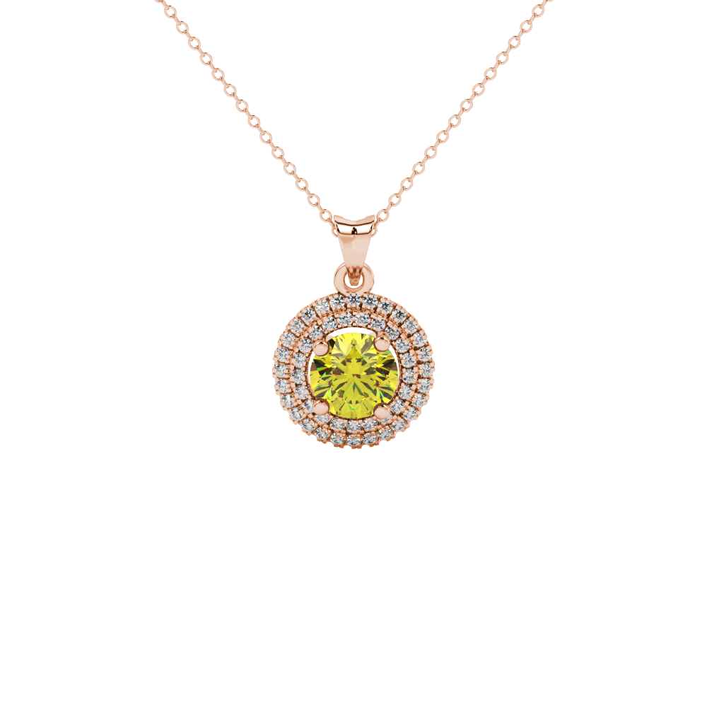 close-up of a round canary yellow gemstone pendant with an intricate rose gold diamond falling edge halo.