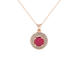 Close-up shot of a round raspberry red gemstone pendant with a double diamond falling edge halo in rose gold