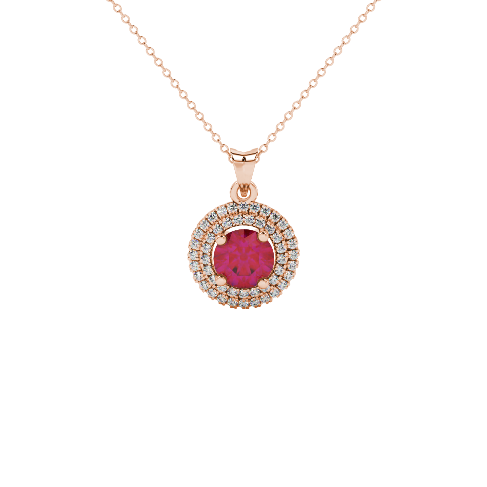 Close-up shot of a round raspberry red gemstone pendant with a double diamond falling edge halo in rose gold