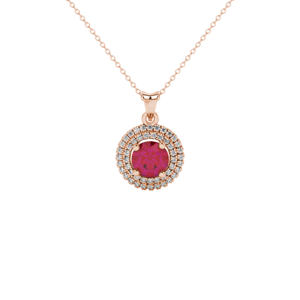 Close-up shot of a round raspberry red gemstone pendant with a double diamond falling edge halo in rose gold