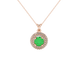 Close-up macro shot of a round emerald green gemstone pendant with a rose gold diamond falling edge halo