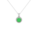 Round-cut emerald green gemstone pendant in a white gold French pavé halo diamond setting.