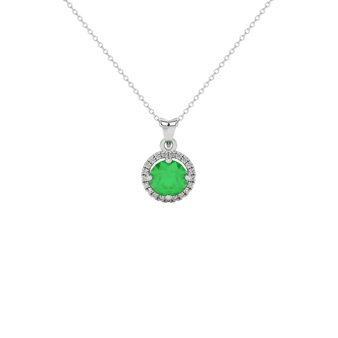 Round-cut emerald green gemstone pendant in a white gold French pavé halo diamond setting.